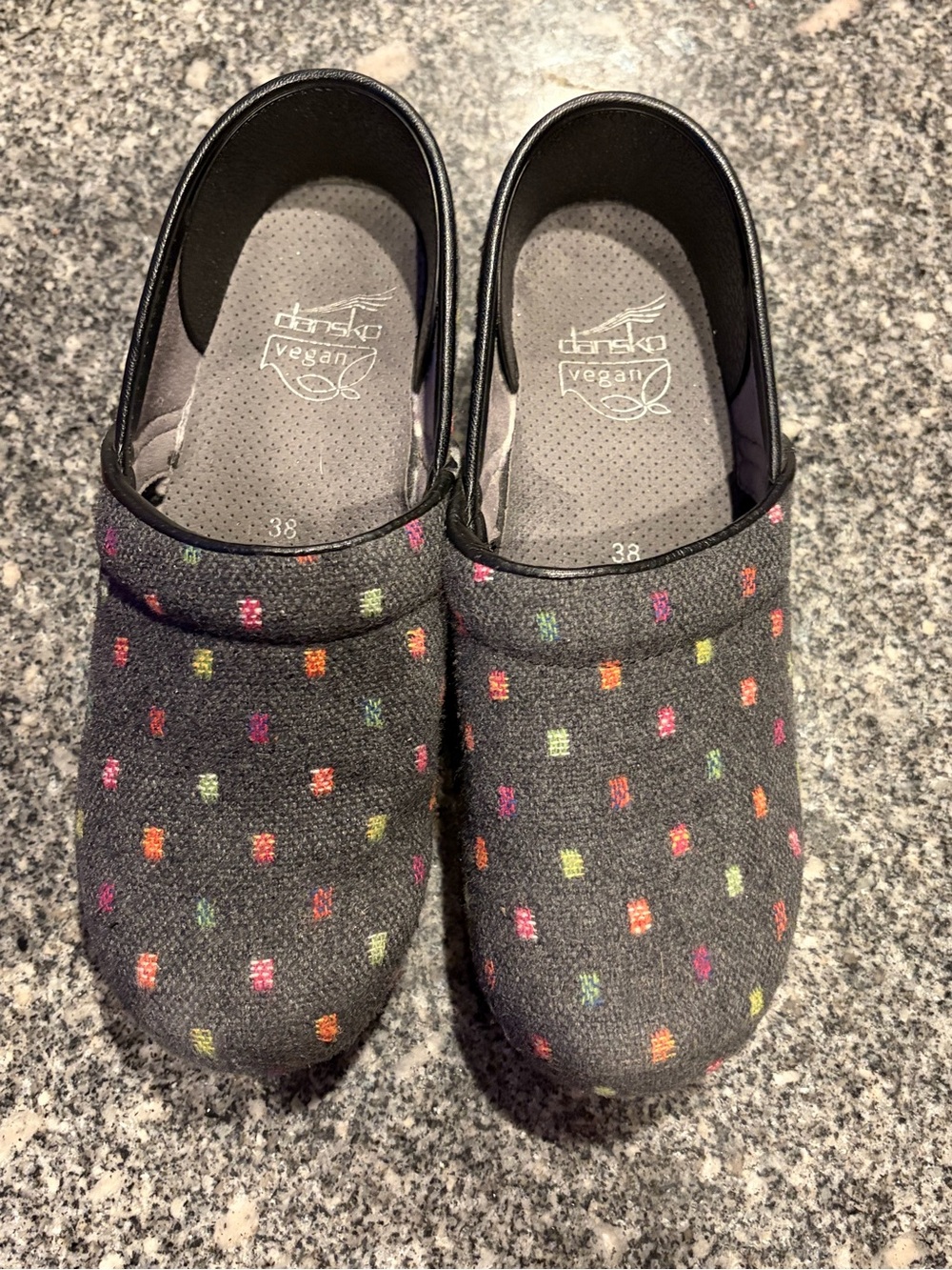 Dansko women’s  Gray Vegan Slip-On Clogs with Multicolor Dot Stitching